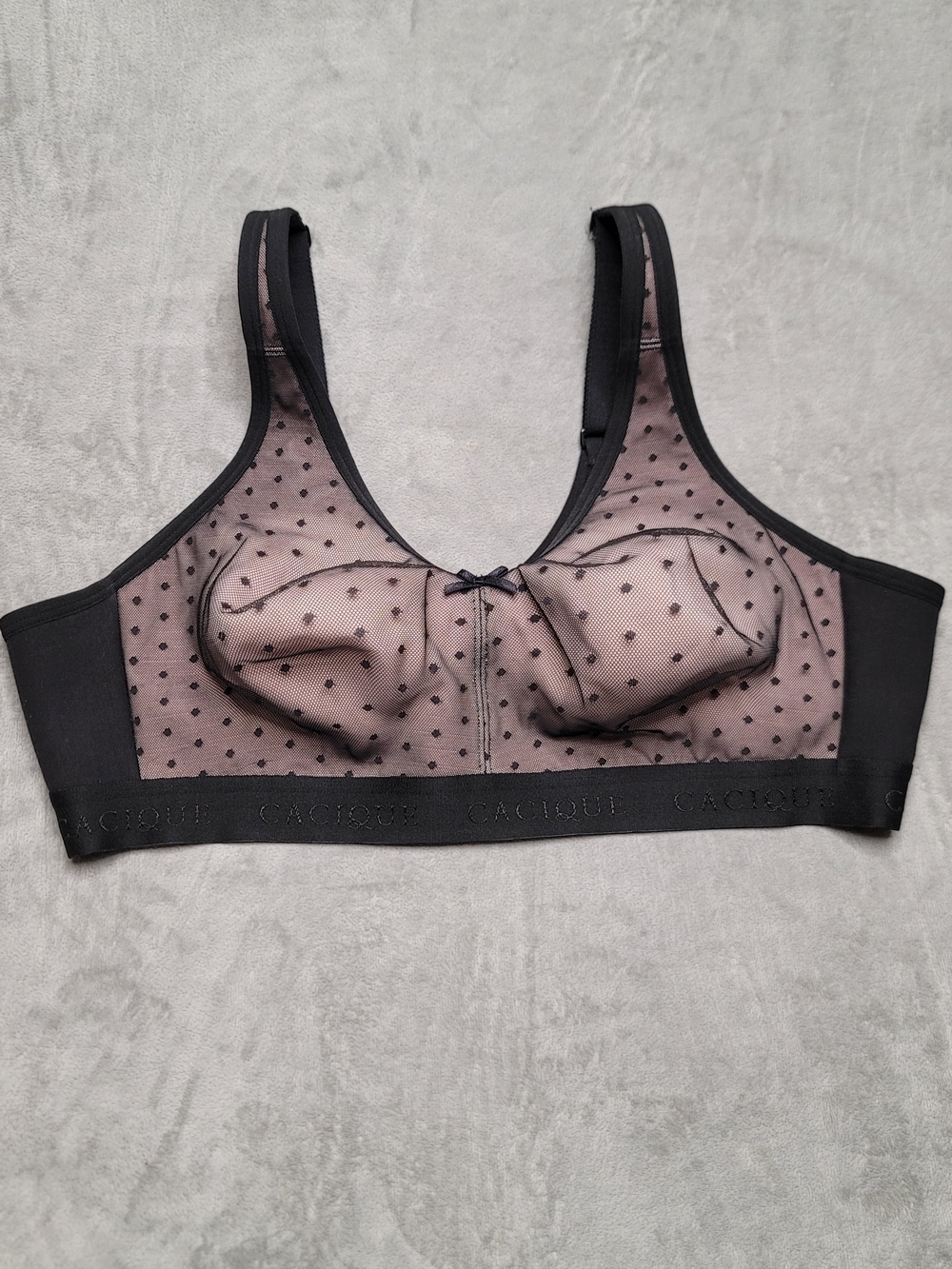Cacique 42B Wireless Full Coverage Mesh Polka Dot Bralette Black Pink